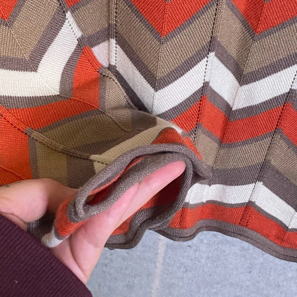 Retro Y2K Small Chevron Knit A-Line‎ Skirt Brown Orange Cream Zig Zag Boho Short